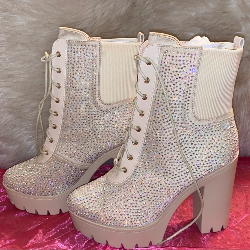 Beige chunky rhinestone heel platform ankle boots